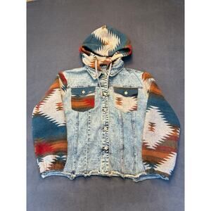 Womens Aztec Print Sleeves Removable Hood Denim Jacket Size 2XL